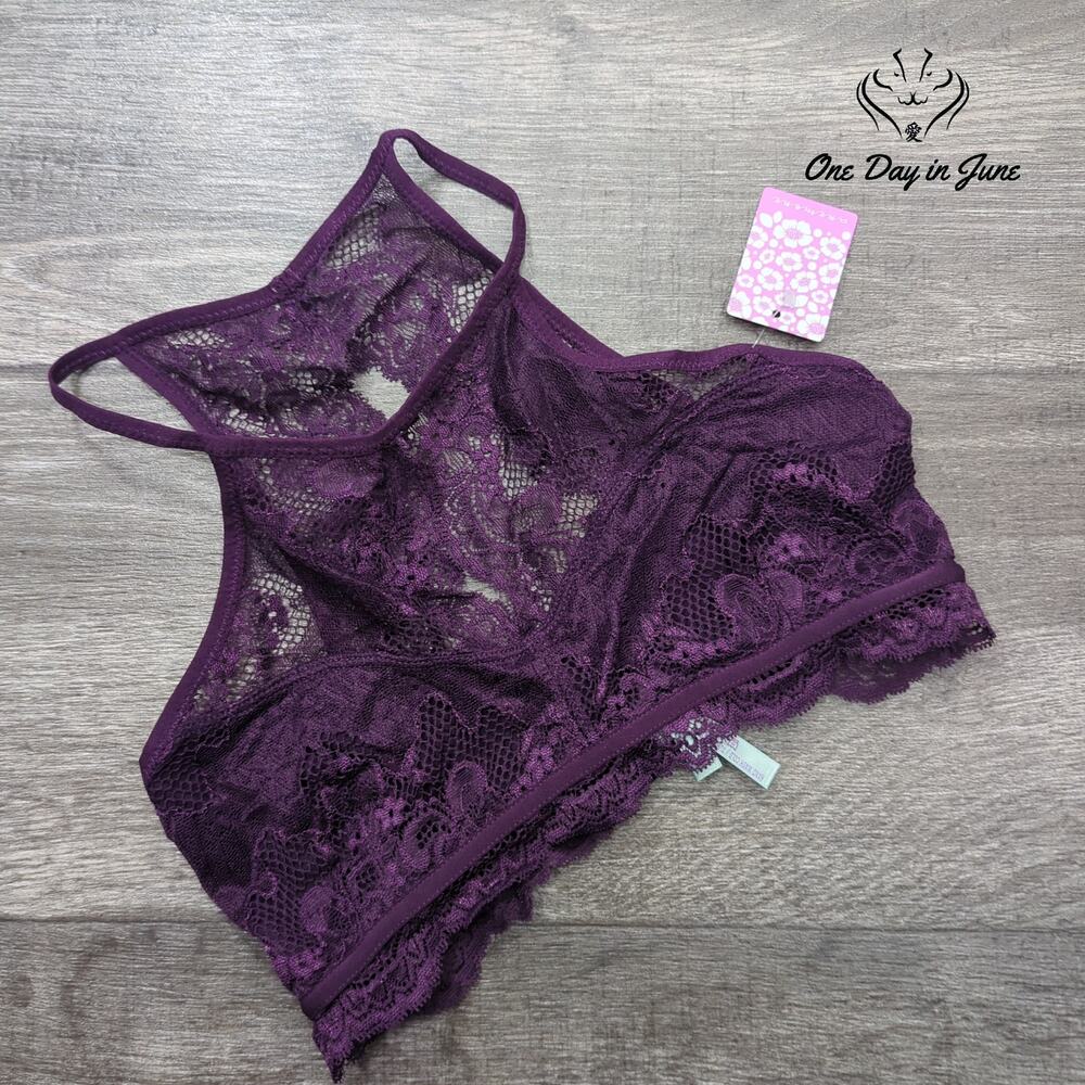Anemone Lace Halter Bralette Deep Purple Scalloped Wireless NWT Size S/M